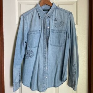 Lauren Ralph Lauren Denim Chambray Shirt with Logo Print Large